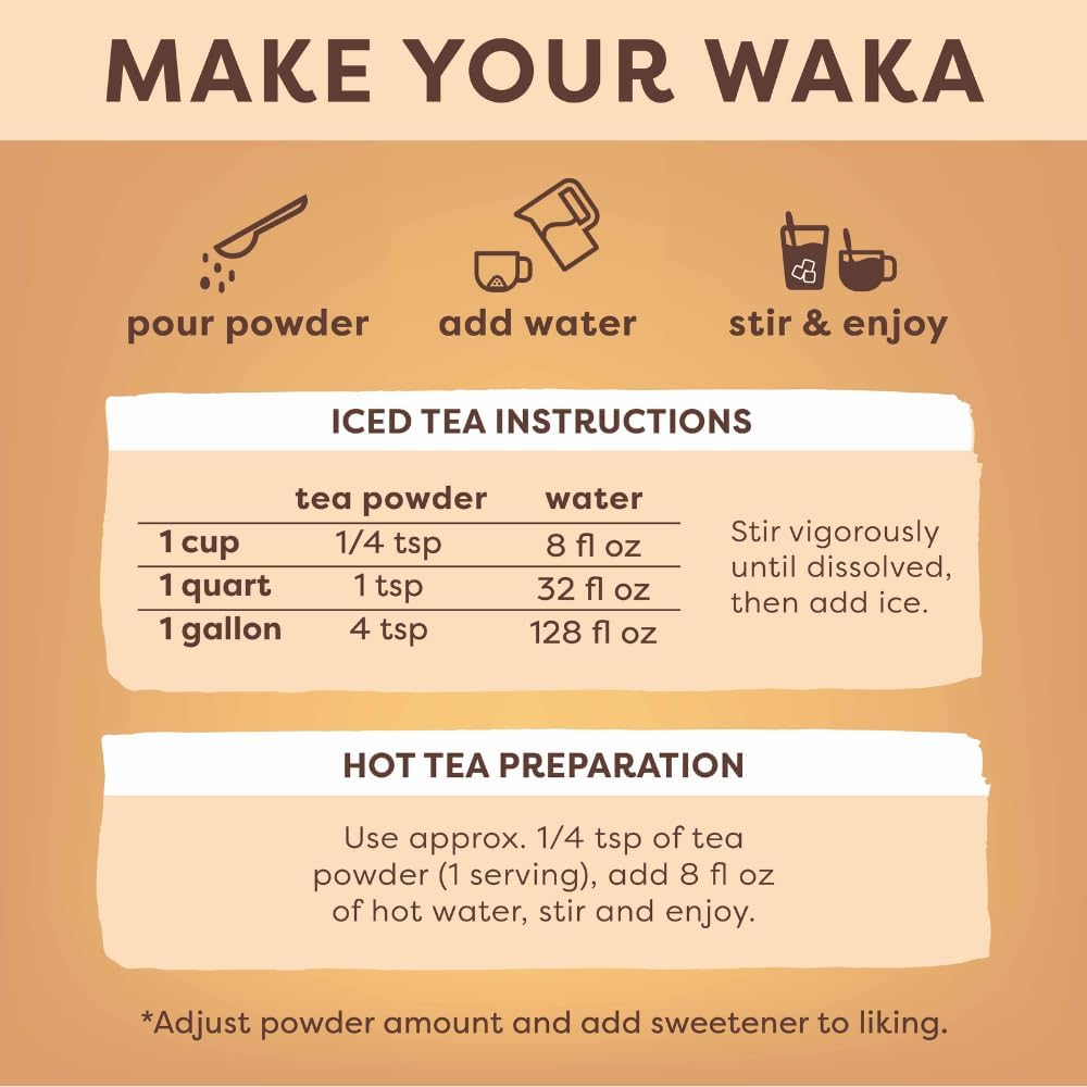 Waka Instant Black Tea Mix Pouch, Decaffeinated - 100% Tea Leaves, No Additives, Unsweetened Tea Powder for 50 Quarts or 200 Cups – Easy Quick Hot and Iced Teas (4.5oz)