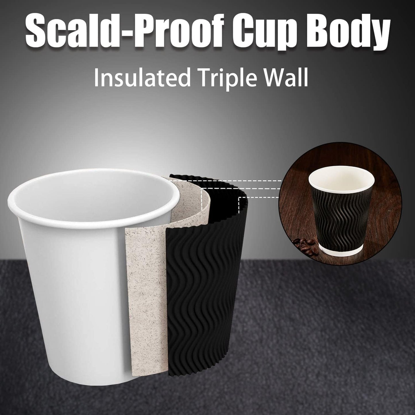 Lamosi 8 oz Disposable Coffee Cups - 120 Pack, Insulated Corrugated Paper Cups, Kraft Ripple Wall Cups for Hot Beverage or Cold Drinks (Black)