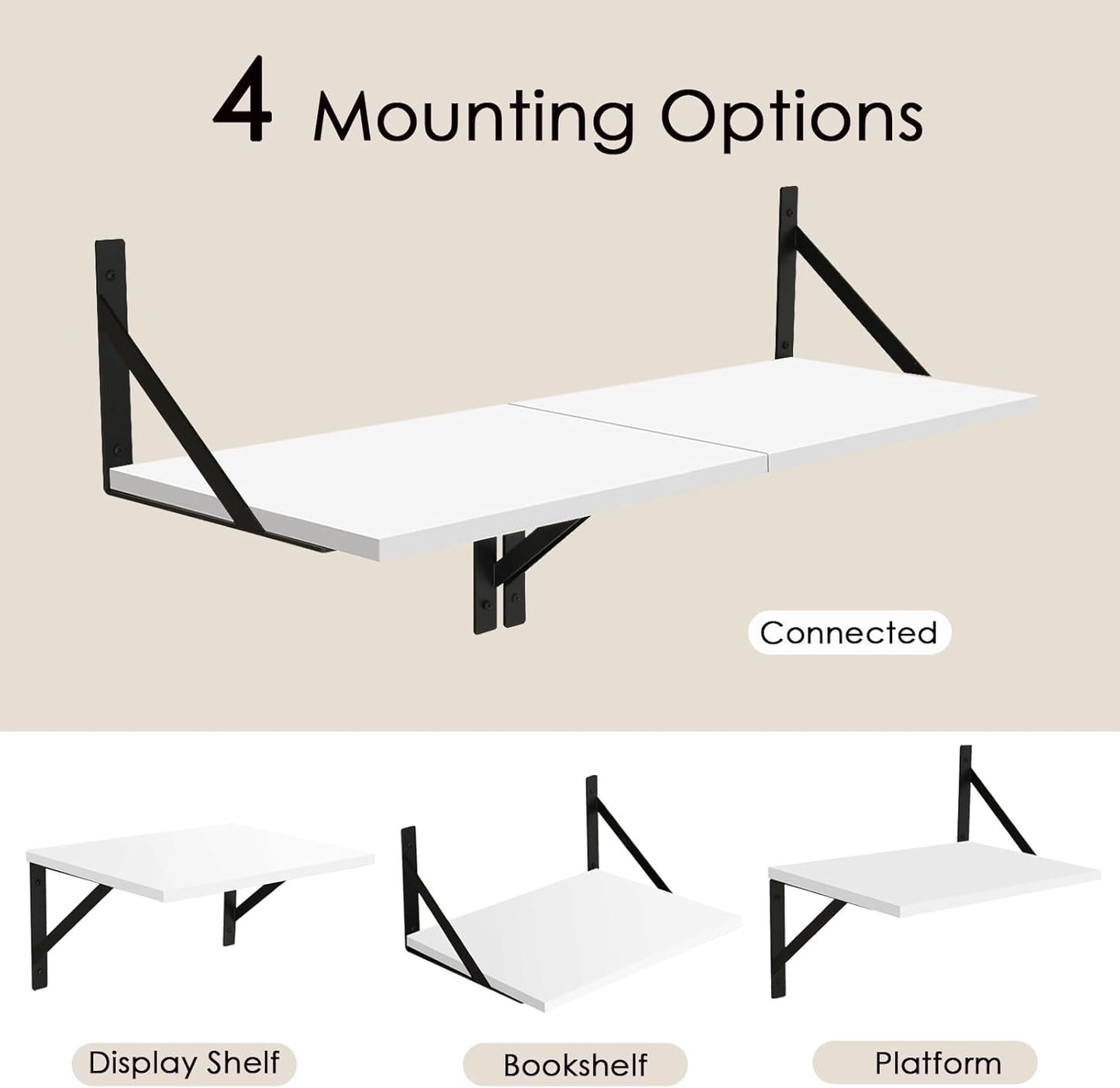 DINZI LVJ Deep Floating Shelves, 16 W x 12" D Wall Shelves Set of 2, Wide Display Shelf Wall Mounted with Brackets, Easy-to-Install Floating Bookshelf for Living Room, Bathroom, Bedroom, White