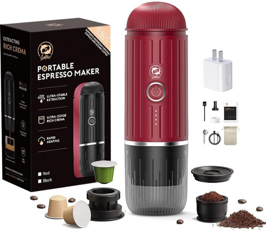 Portable Coffee Maker Travel Espresso Machine 120W Red Color, 19 Bar Pressure 7500mAh Rechargeable Battery Version Portable On the Go for Camping, Driving, Home and Office Travelling
