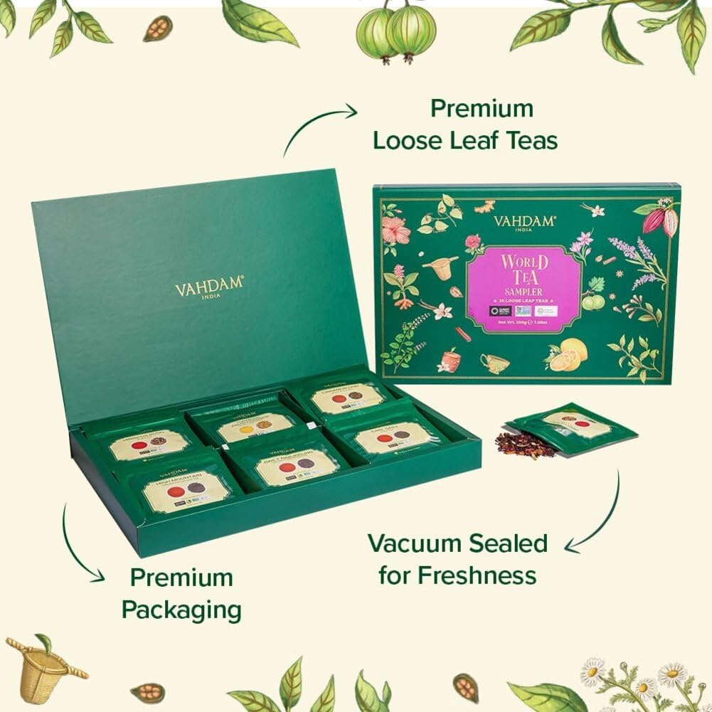 VAHDAM, World Top 20 Tea Sampler - Black, Green, Chai, Herbal & More | Assorted Loose Leaf Gift Set Variety Pack | Tea Gift Ideas for Women & Men