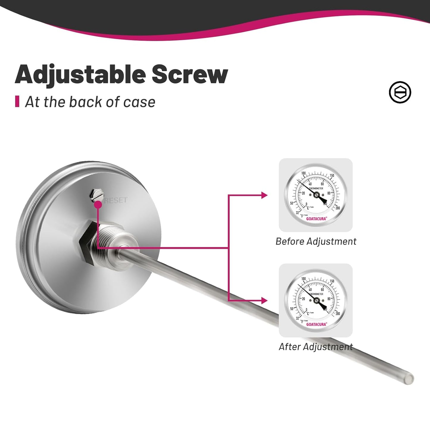 Dial Thermometer for Brewing, 304 Stainless Steel Case and Probe, 3" Dial Size, 12" Stem Length, 32-212 Deg F/0-100 Deg C, 1/2" NPT Back Mount