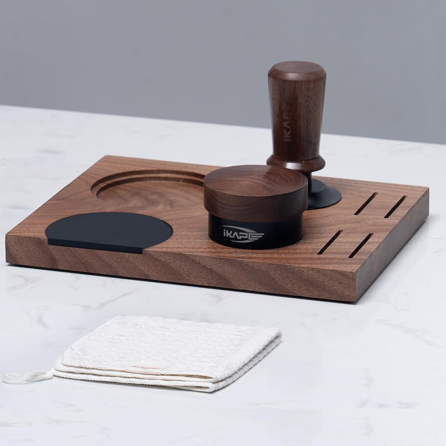 IKAPE 51MM Espresso Tamper Kit 5 IN 1, Elegant Wooden Espresso Tamper, Distributor Set with Tamper Base, Puck Screen, Cleaning Towel, Ideal for Coffee Enthusiasts, Made from Premium Walnut Wood