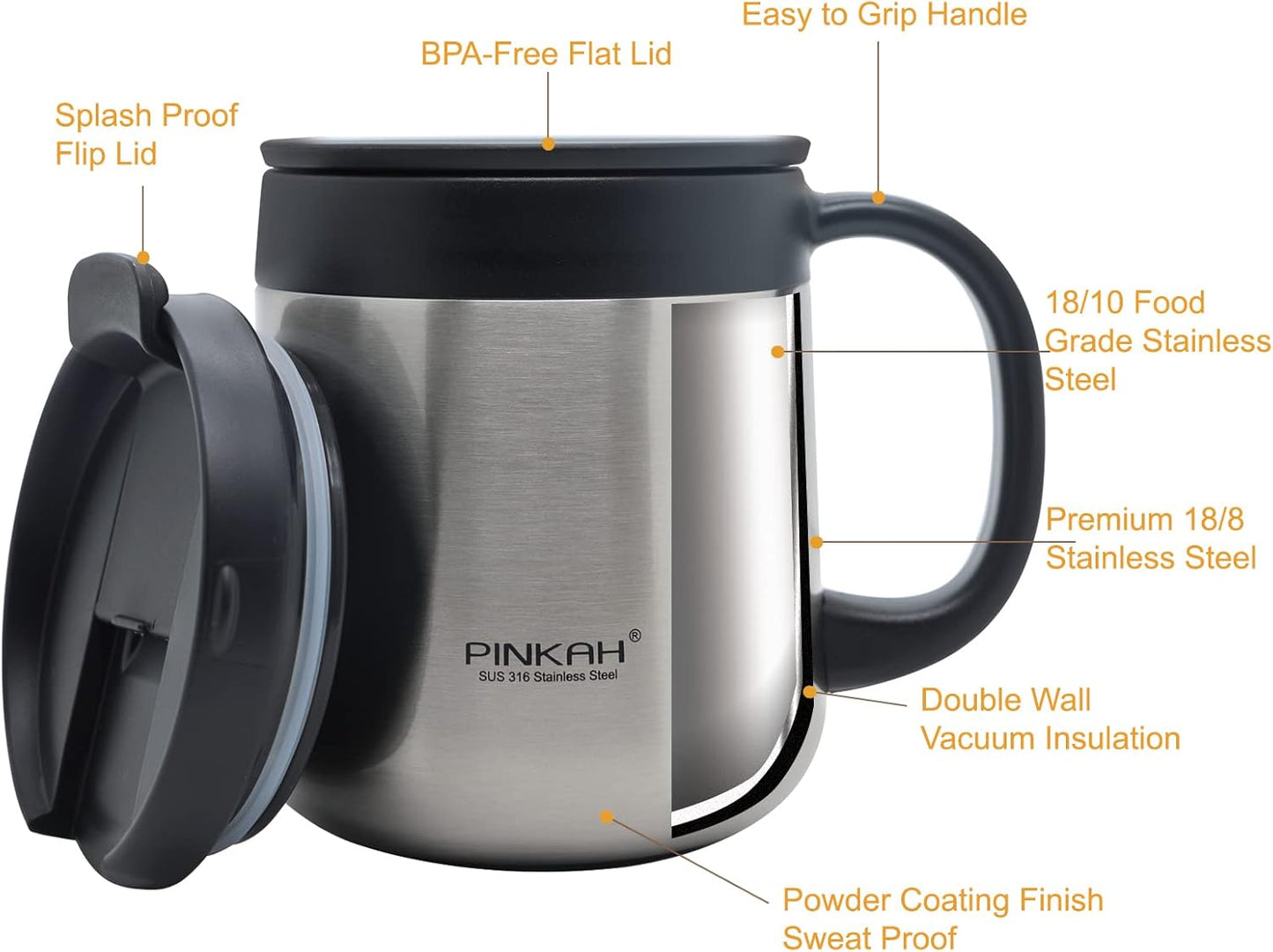 16OZ Stainless Steel Insulated Coffee Mug with Handle and Lid, Double Wall Vacuum Coffee Tumbler Thermal Cup with 2 Lids