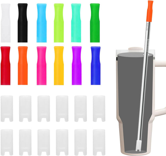 24PCS Food-Grade 12 Colors Metal Straws Reusable Silicone Tips,Silicone Base Sleeve,Only Fit Diameter 0.32In- 8mm Stainless Steel Straws,BPA Free, Eco-Friendly