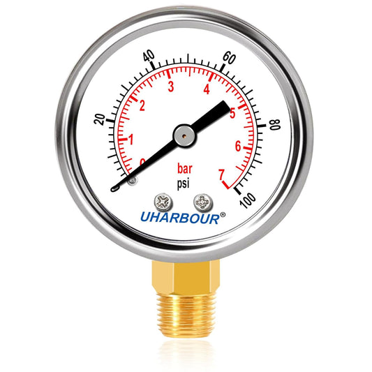 Pressure Gauge 1/4 NPT 0-100 Psi 2" Dial Stainless Steel Case, 1/4 NPT Lower Mount Pressure Gauge