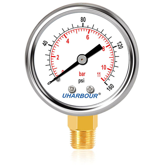 Lead-Free Pressure Gauge 0-160psi 1/4" NPT Lower Mount 2" Dial Stainless Steel Case, Pressure Gauge for Water Air RV