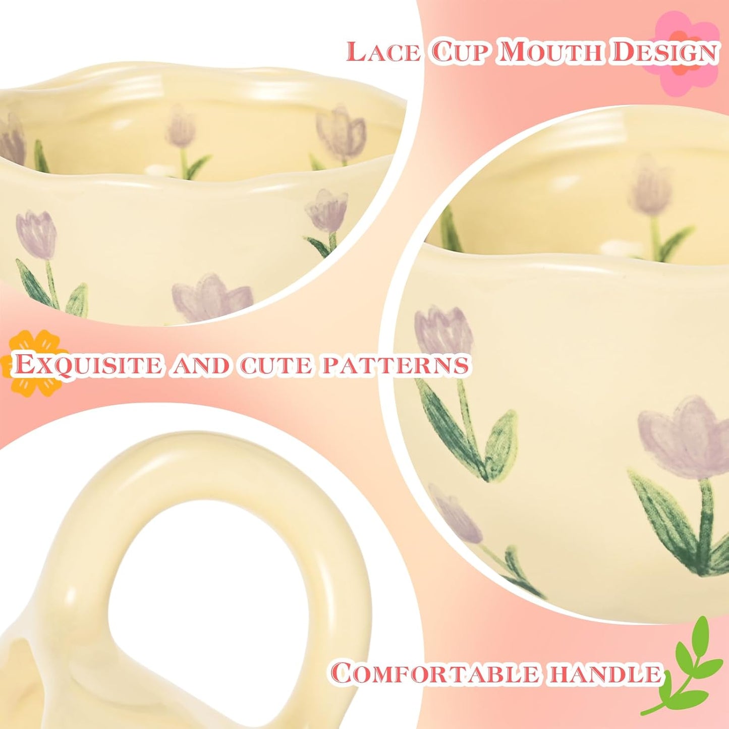 Cute Coffee Mug Set of 2 Vintage Flower Mugs 8 oz Ceramic Floral Coffee Mugs Irregular Latte Art Cup Lead-free Porcelain Cups for Cappuccino, Cocoa (Orange Flowers and Purple Tulips)