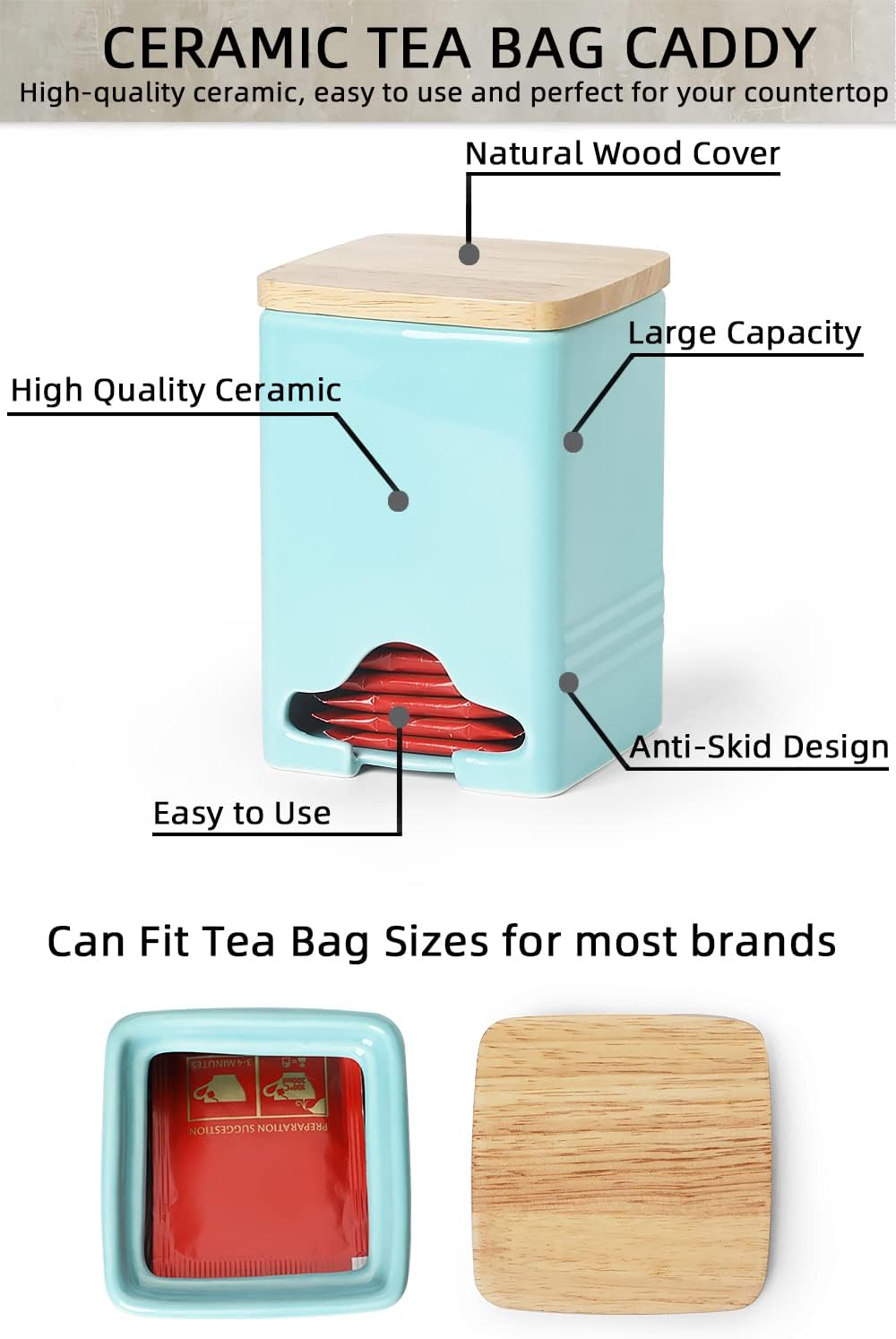 Ceramic Tea Bag Storage Organizer Caddy Holder with Lid (Turquoise)
