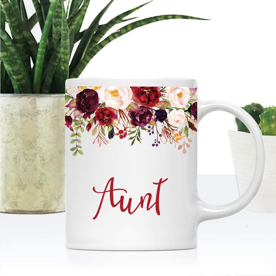 Andaz Press 11oz. Mother's Day Ceramic Coffee Tea Mug Gift, Fall Autumn Marsala Burgundy Flowers Roses Florals, Aunt, 1-Pack, Includes Gift Box, Birthday Christmas Gift Ideas