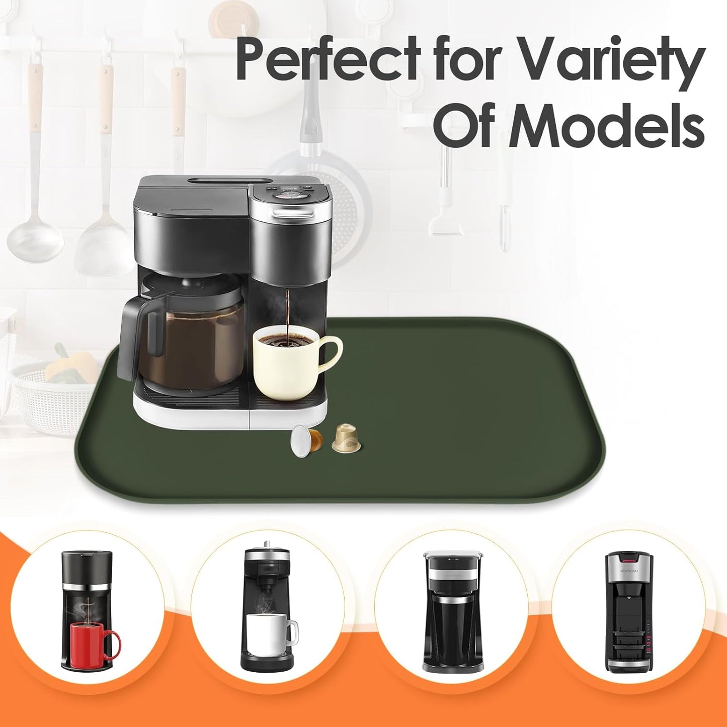 Silicone Coffee Maker Mat with Lip, 24'' x 16'' Heavy Duty Coffee Maker Mat for Countertops, Coffee Tray Fit Under Coffee Machine Appliance Automatic Machines Espresso Accessory, Dark Olive