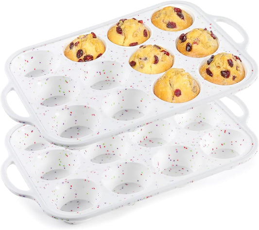 CAKETIME Silicone Muffin Pan with Metal Frame, Metal Reinforced Frame Regular Size Cupcake Pan with Handle 12 Cups Nonstick Muffin Pan for Baking BPA Free 2 Pack