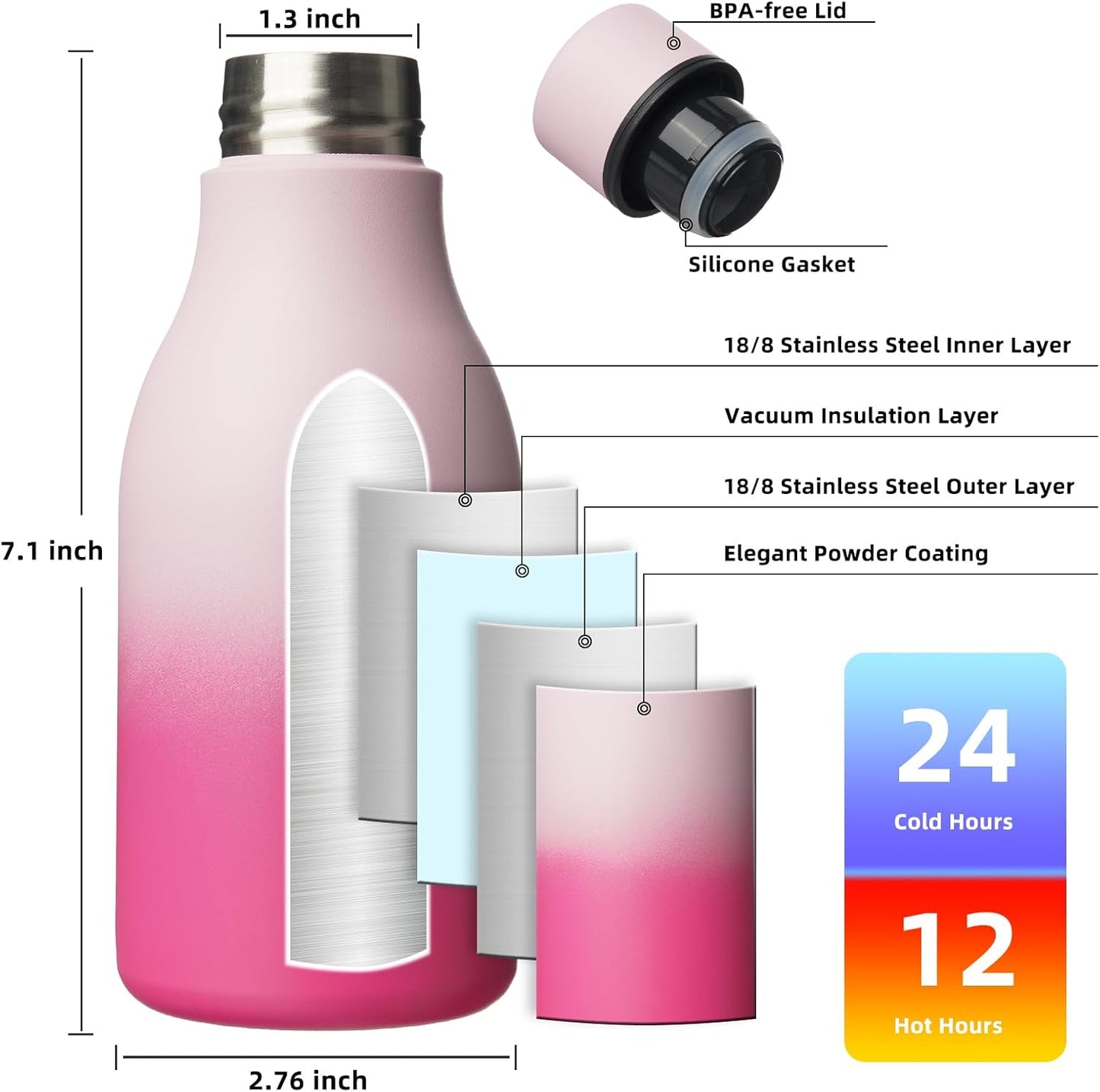 BJPKPK Insulated Water Bottles, 12oz Stainless Steel Metal Water Bottle with Strap, BPA Free Leak Proof Thermos, Mugs, Flasks, Reusable Water Bottle for Sports & Travel, Sakura