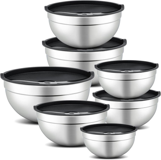 7 Piece Mixing Bowl Set, Mixing Bowls with Lid, Stainless Steel Mixing Bowls for Baking, Size 0.7, 1.1, 1.5, 2.1, 3.5, 4, 4.5QT, Baking Bowl for Food Preparation, Mixing and Serving Foods