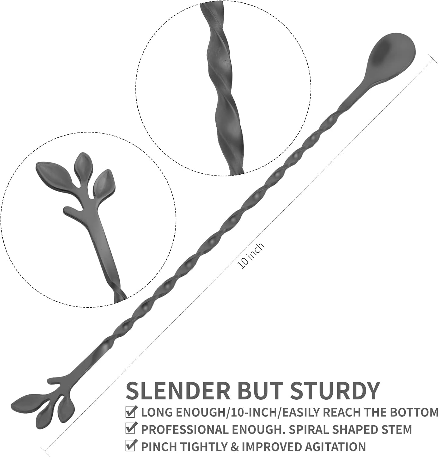 AnSaw Black 10-Inch Stainless Steel Cocktail Spoon with Leaf Handle - Perfect for Mixing & Layering Drinks in Tall Cups, Bar & Shakers - Durable Long Handle Bar Stirrer,1-Pieces