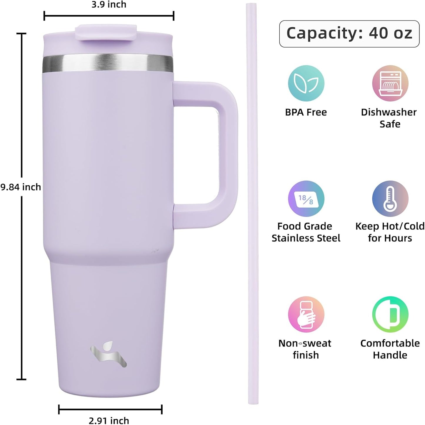 40 oz Tumbler with Handle and 2 Straws,2 in 1 Lid Insulated Water Bottle Stainless Steel Travel Coffee Mug,Wisteria
