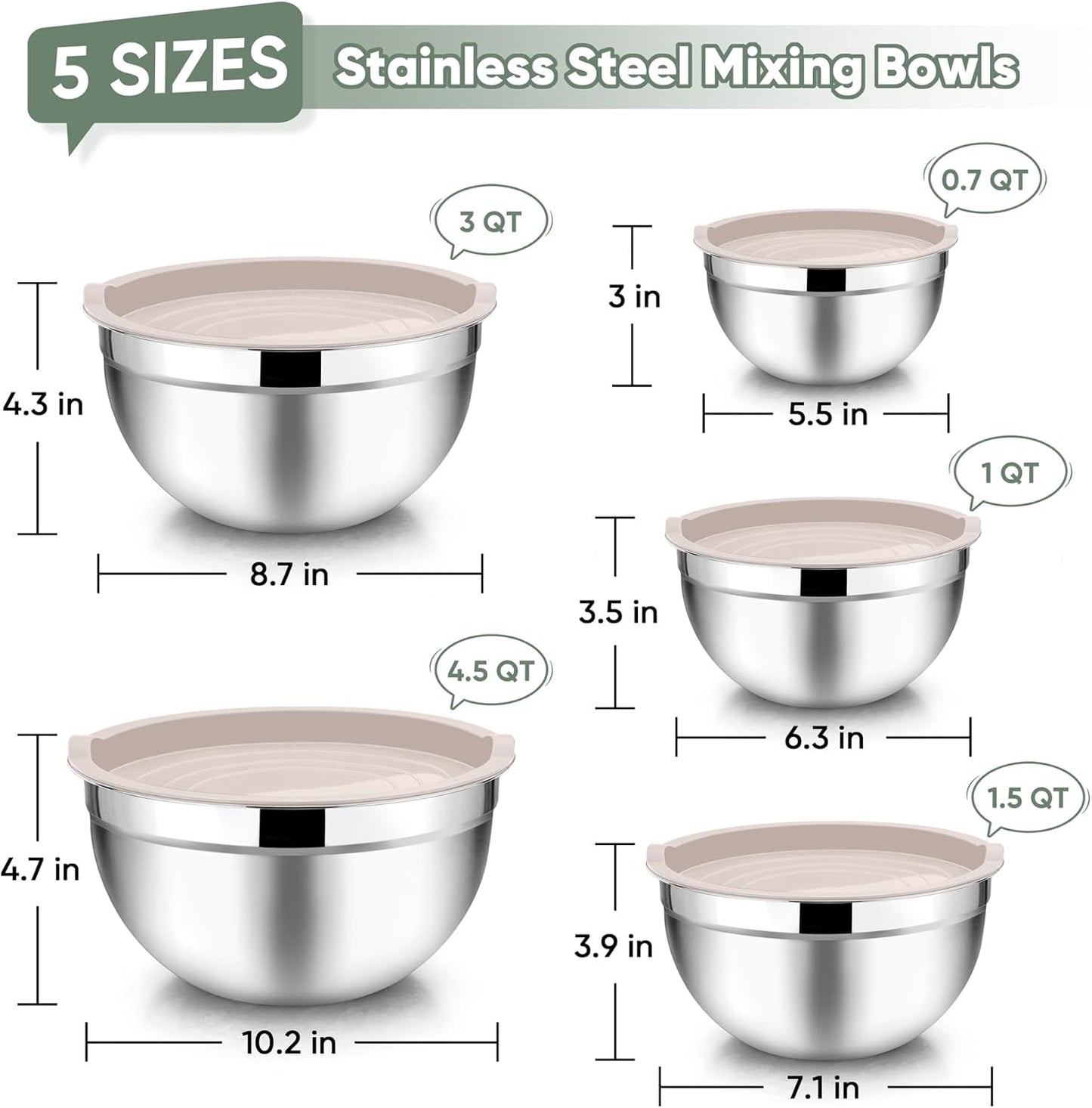 TeamFar Mixing Bowls with Lids, 5-Piece Stainless Steel Metal Nesting Salad Bowl for Mixing Prepping, Healthy & Heavy Duty, Airtight Lids & Dishwasher Safe, 4.5/3/1.5/1/0.7 QT-Khaki