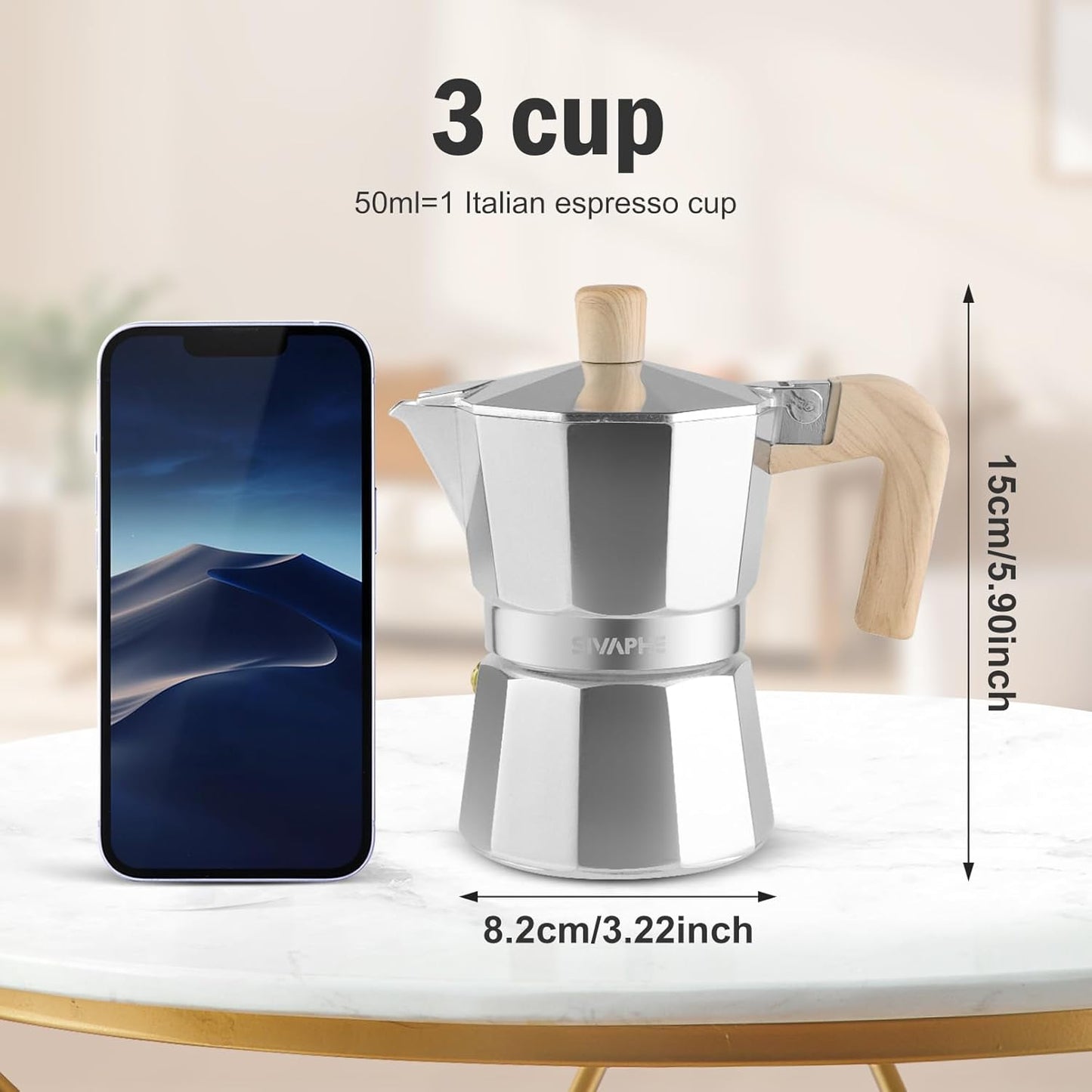 Sivaphe Aluminum Moka Pot 3 Espresso Cups, Percolator Espresso and Coffee Maker, Portable Stovetop Italian and Cuban Café Brewer for Home and Camping Sliver