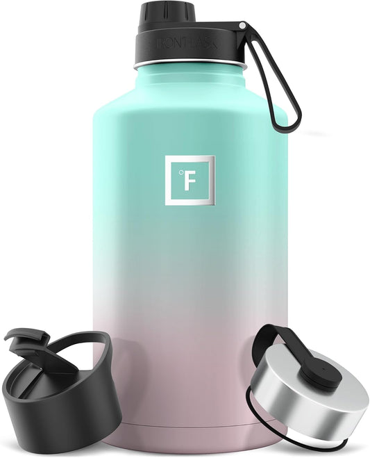 IRON °FLASK Camping & Hiking Hydration Flask with 3 Lids - Stainless Steel, Double Walled & Vacuum Insulated Water Bottle - Leak Proof & BPA Free (Bubble Gum, Spout - 64 oz)