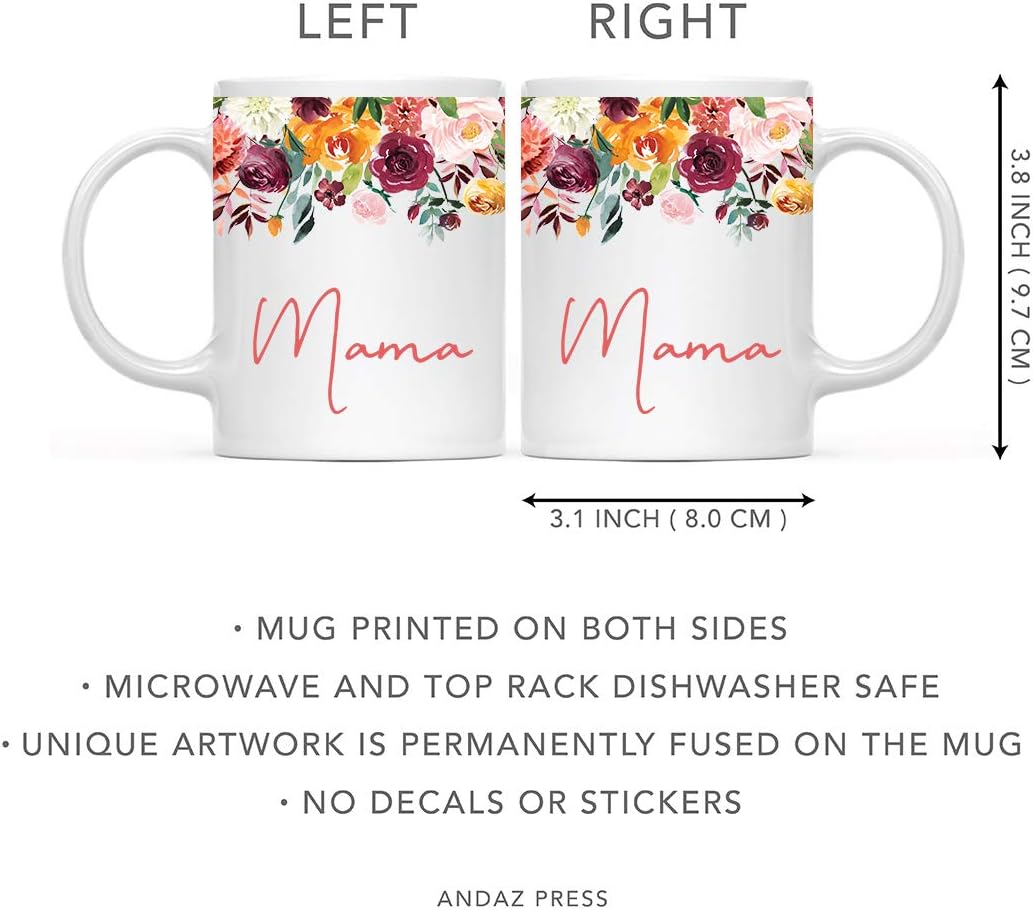 Andaz Press 11oz. Mother's Day Ceramic Coffee Tea Mug Gift, Fall Autumn Burgundy Orange Peach Flowers Roses Florals, Mama, 1-Pack