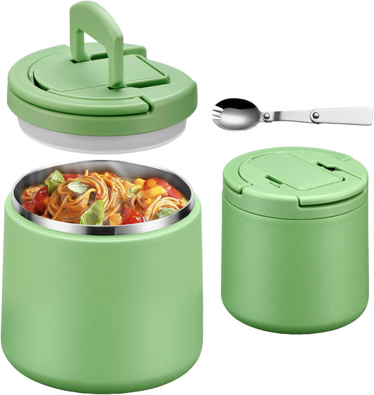 20oz Insulated Vacuum Food Jar with Buckle Lid,Soup Thermo for Hot Food Kids,Wide Mouth Leakproof Stainless Steel Lunch Container with Spoon-Green