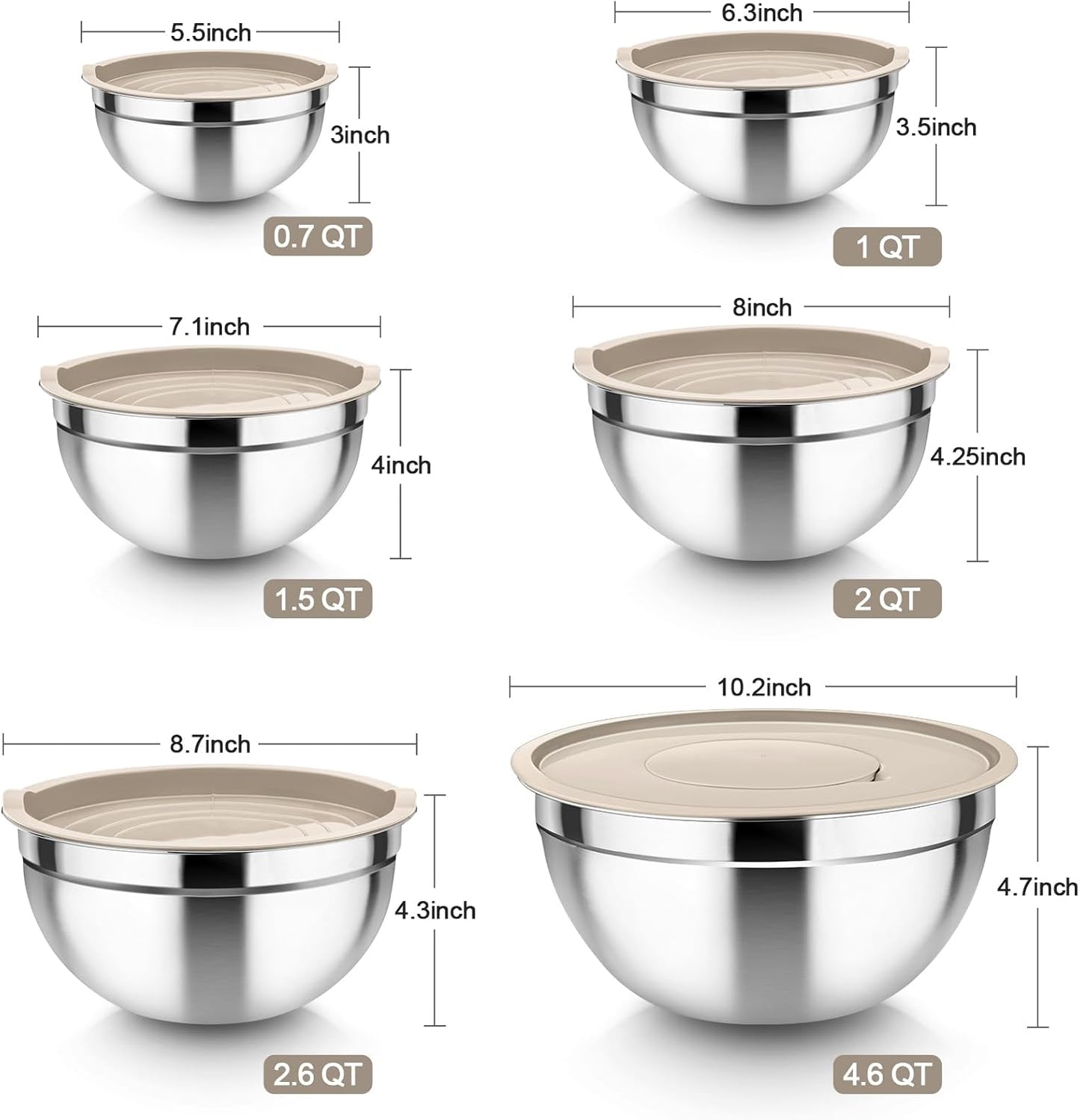 TeamFar Mixing Bowls, 6PCS Stainless Steel Nesting Mixing Salad Bowl with Lids & 3 Grater Attachments, for Food Cooking Baking Storing, Healthy, Khaki - 4.6/2.6/2 / 1.5/1 / 0.7 QT