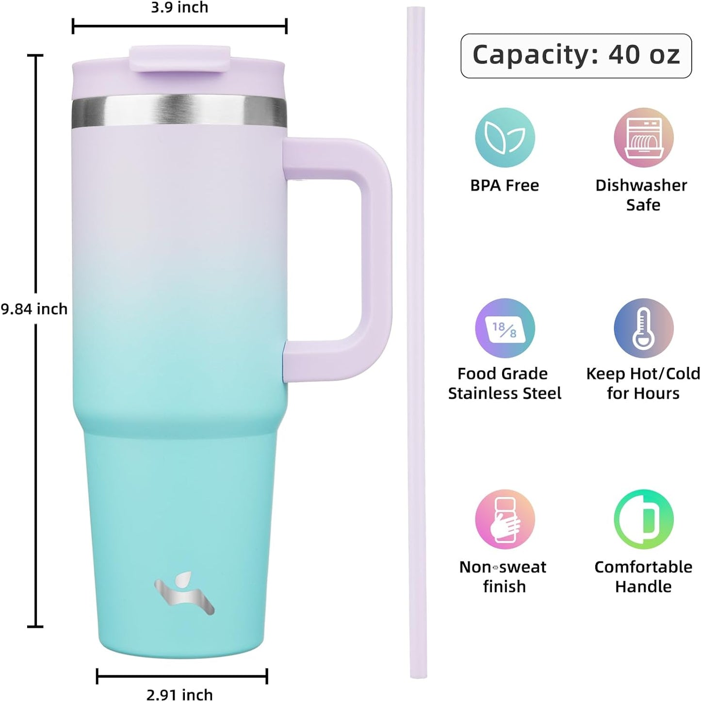 40 oz Tumbler with Handle and 2 Straws,2 in 1 Lid Insulated Water Bottle Stainless Steel Travel Coffee Mug,Lavender Green
