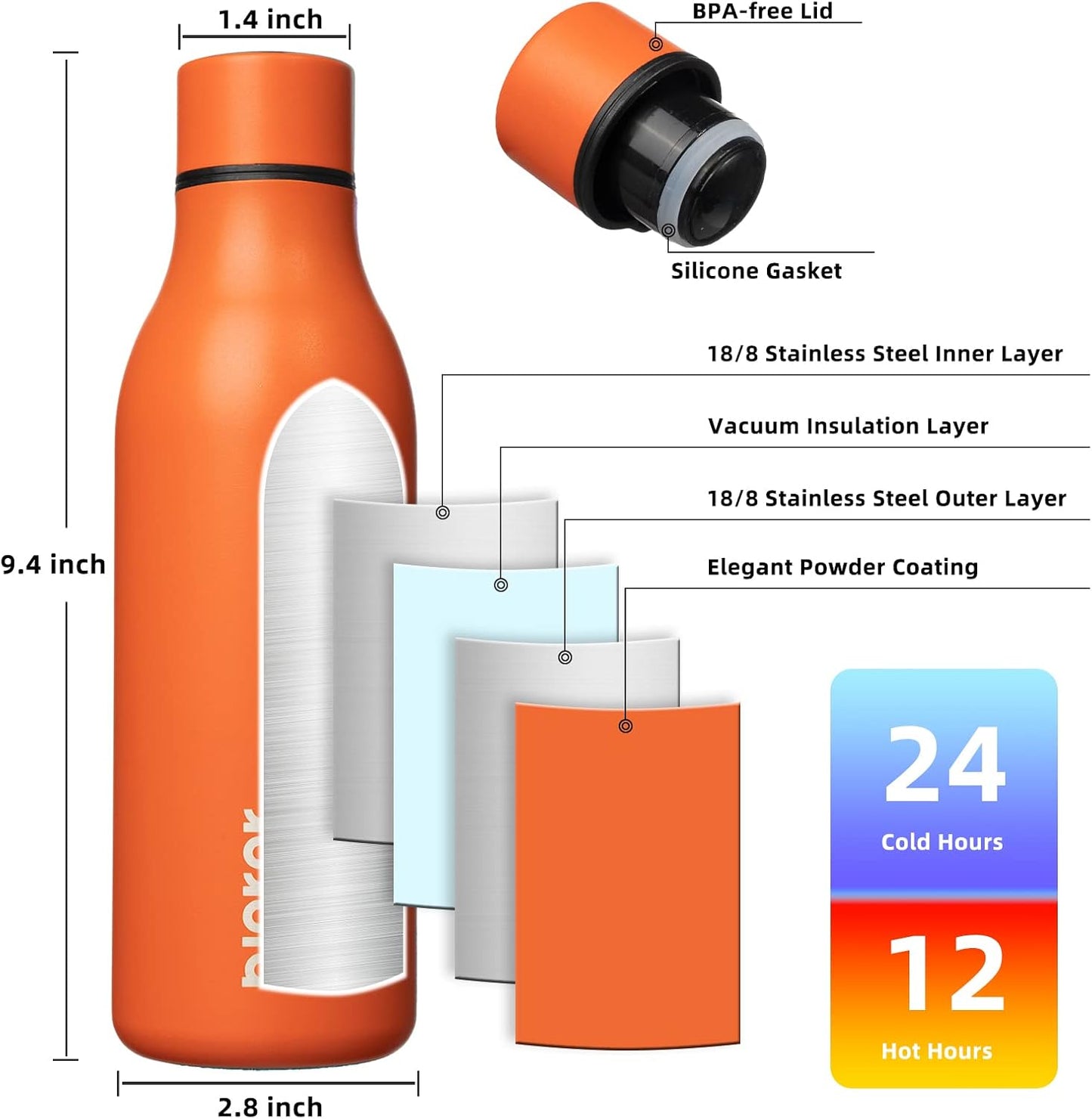 BJPKPK Insulated Water Bottles, 18 oz Stainless Steel Metal Water Bottle with Strap, BPA Free Leak Proof Thermos, Mugs, Flasks, Reusable Water Bottle for Sports & Travel, Orange