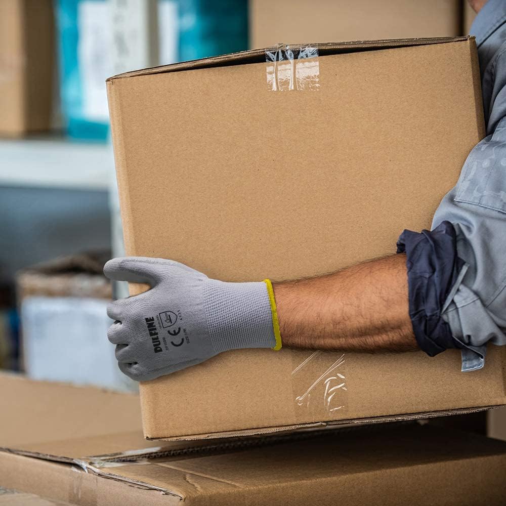 DULFINE Safety Work Gloves for Men PU Coated 60 Pairs Bulk Pack,Grey Seamless Knit Glove with thin Polyurethane Coated Smooth Grip on Palm & Fingers,Ideal for General Duty Work (Extra Large)