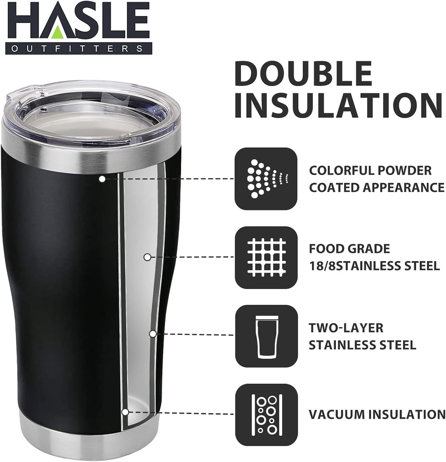 HASLE OUTFITTERS 20 oz Tumbler Bulk, Stainless Steel Tumblers with Lid, Vacuum Insulated Tumbler, Double Wall Tumbler Cup, coffee mugs, Black, 1 Pack