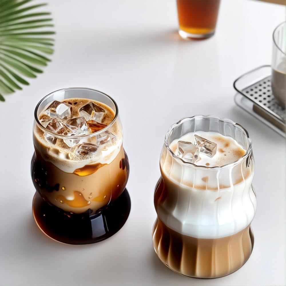 2 Pcs Ribbed Glass Cups, 18oz Vintage Ripple Drinking Glasses Glassware for Iced Coffee, Juice, Milk, Cocktails, Water, Cold Beverages