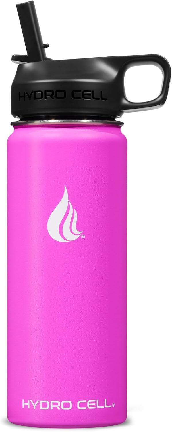 HYDRO CELL Stainless Steel Insulated Water Bottle with Straw - For Cold & Hot Drinks - Metal Vacuum Flask with Screw Cap and Modern Leakproof Sport Thermos for Adults (Fuchsia 18oz)