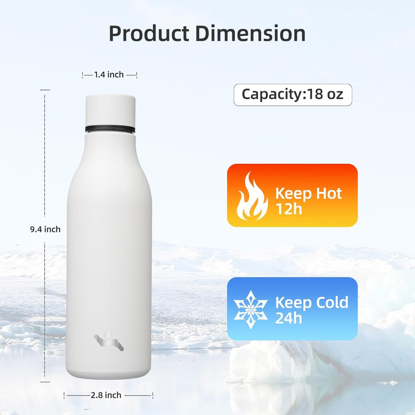 Insulated Water Bottle with Strap,18 oz Double Wall Stainless Steel Vacuum Bottles Metal Water Flask,White