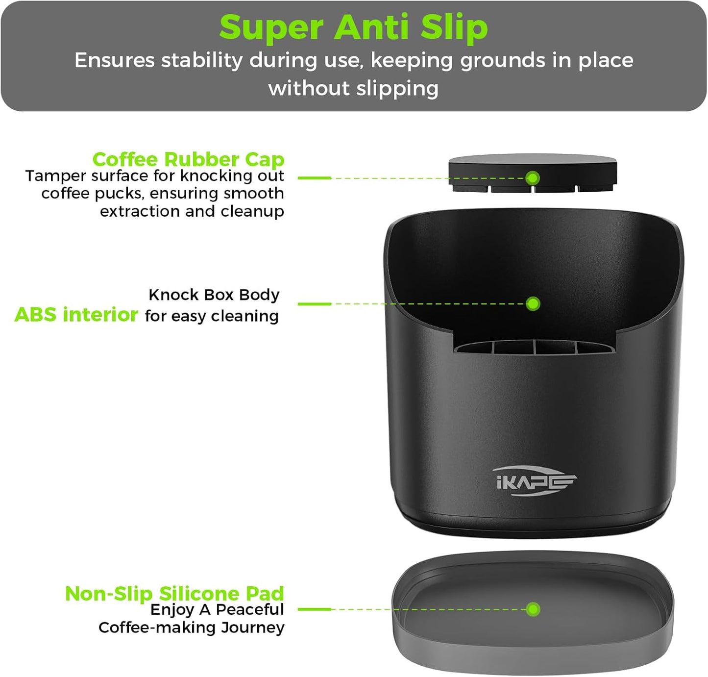 IKAPE Espresso Knock Box for Coffee Grounds, Barista Tool Enhanced for Better Manipulation - Black Espresso Machine Coffee Puck Disposal Box