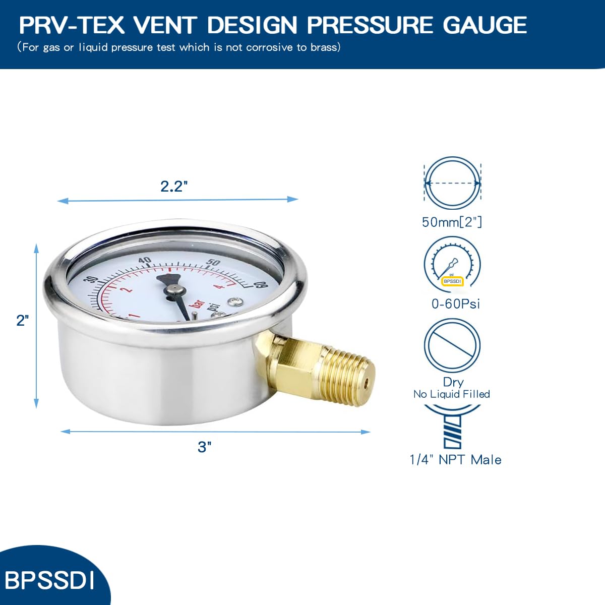0-60 Psi Low Pressure Gauge, 2.5" Dial Size, 1/4" NPT Lower Mount, 304 Stainless Steel Case, Water Pressure Gauge Test for Water Pump, Pneumatic Air, RV Hose(with Tape)