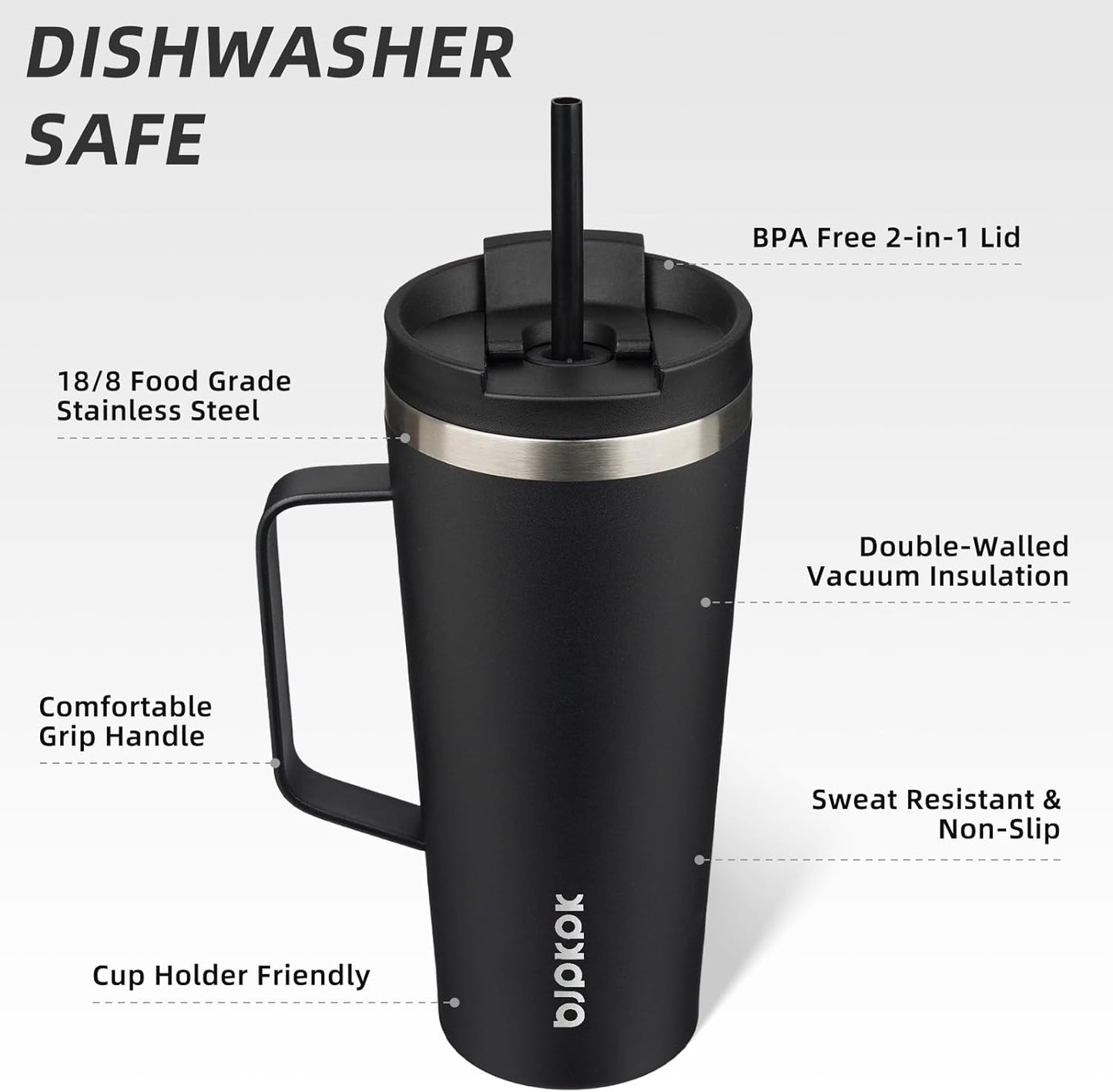 BJPKPK Insulated Tumbler with Handle, 22oz Insulated Tumblers with Lid and Straw, Stainless Steel Metal Water Bottles, Coffee Travel Mugs, Cups, Black
