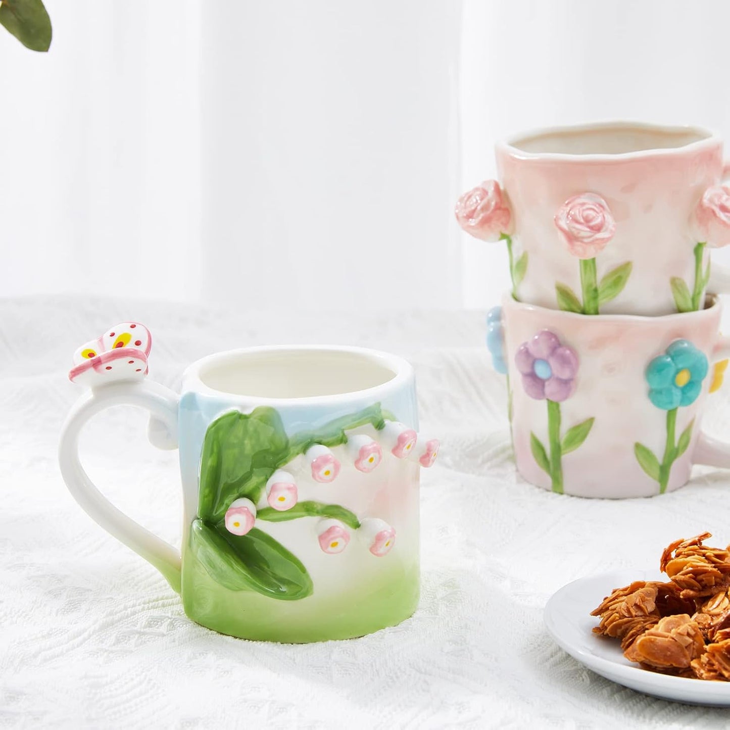 3D Flower Coffee Mug Lily of the Valley Ceramic Cup,12 oz Cute Handmade Mugs,Christmas Birthday Surprise for Friends Family or Flower Lovers (Pink Lily of the Valley)