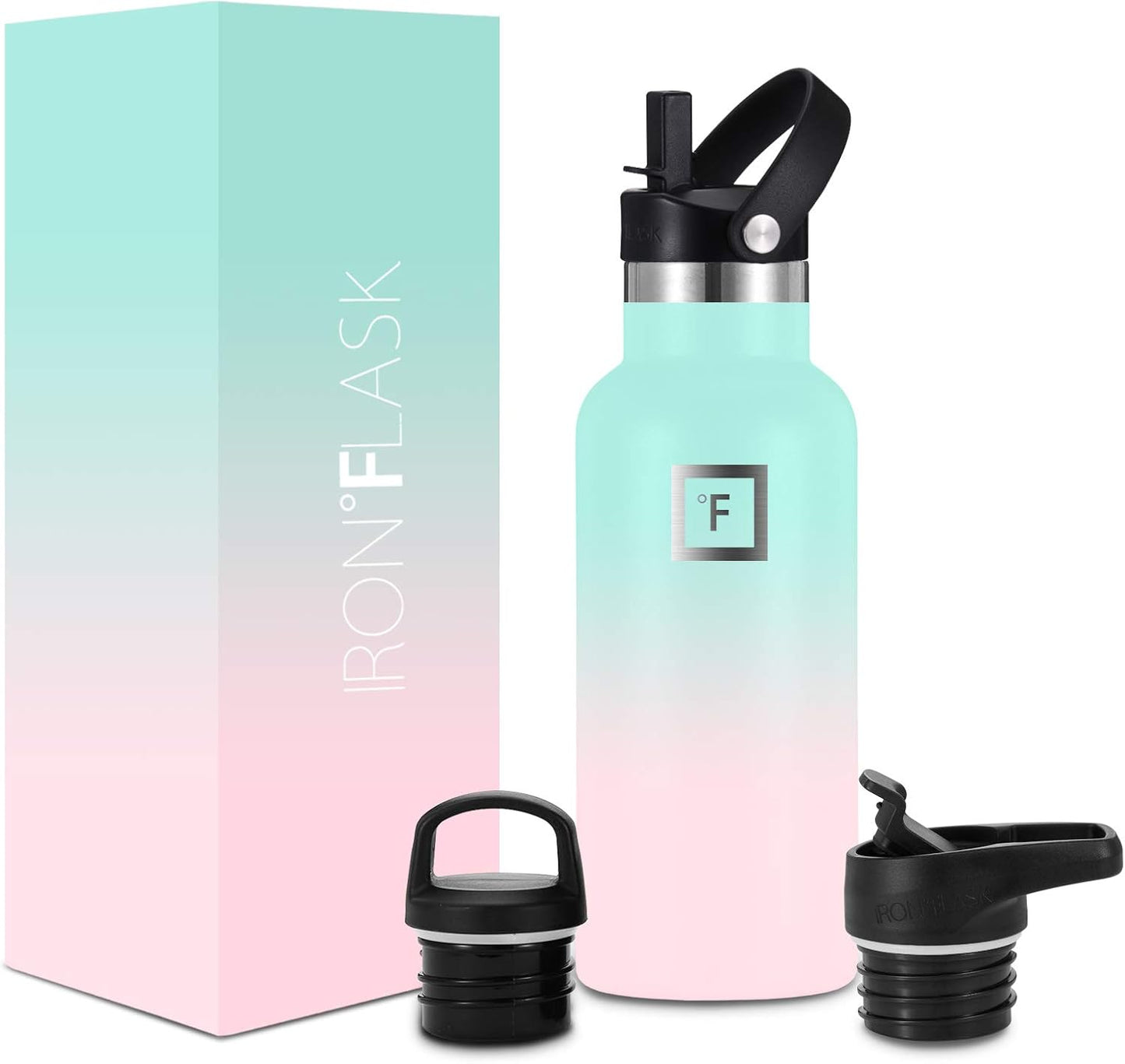 IRON °FLASK Camping & Hiking Hydration Canteens - 3 Lids (Narrow Straw Lid) Leak Proof Vacuum Insulated Stainless Steel - Hot & Cold Double Walled Sports Water Bottle - Bubble Gum, 16 Oz