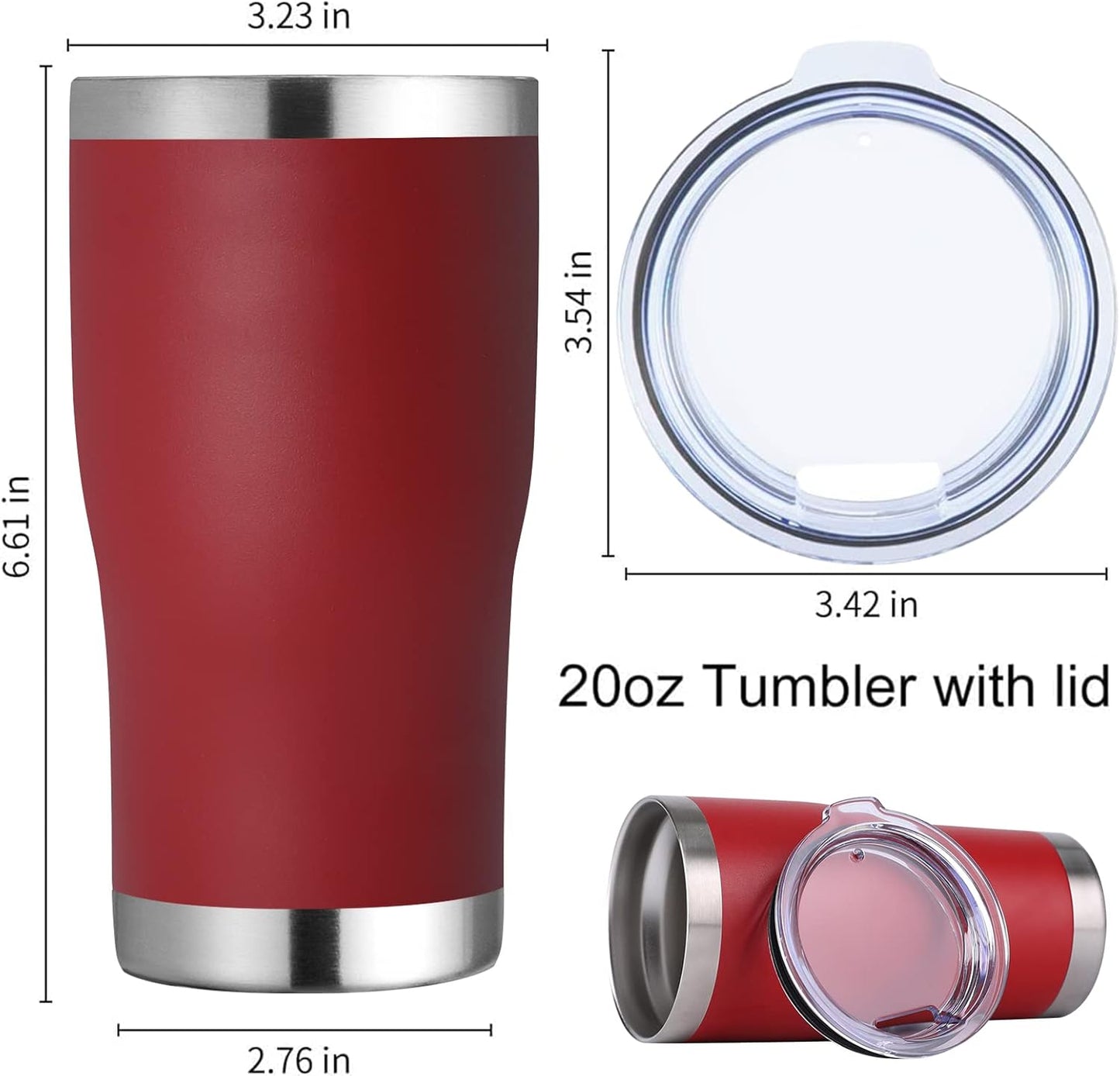 DOMICARE 20oz Tumbler with Lid Stainless Steel Tumblers Bulk, Double Wall Vacuum Insulated Coffee Travel Mug Powder Coated Tumbler, Red