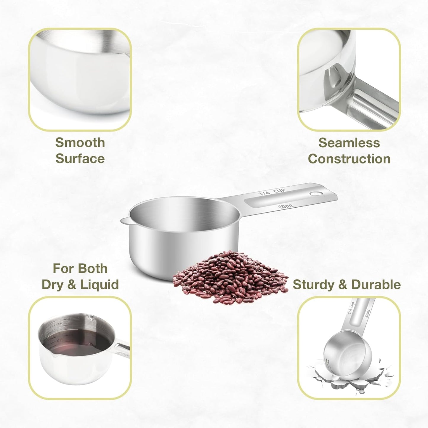 2PCS 1/4Cup (60ml, 2oz) Single Measuring Cup, Etched Inner Scale Stainless Steel Measure Scoop, Metric and US Measurement, Dishwasher Safe