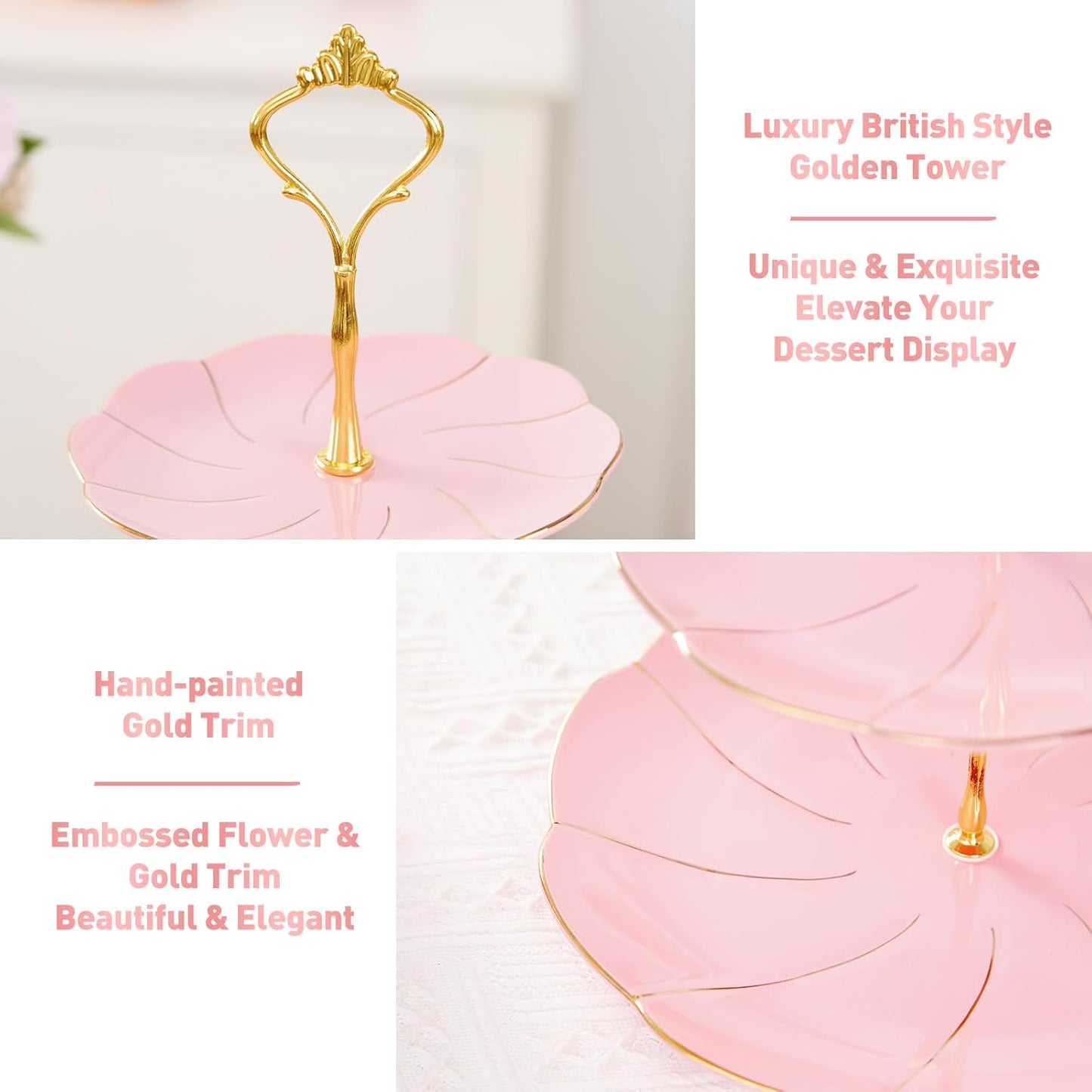 DUJUST Luxury Porcelain 3-Tier Cupcake Stand Tower, British Style Serving Tray with Golden Trim, Food Grade Dessert Display Stand, Beautiful Gift for Tea Party & Home Décor - Pink