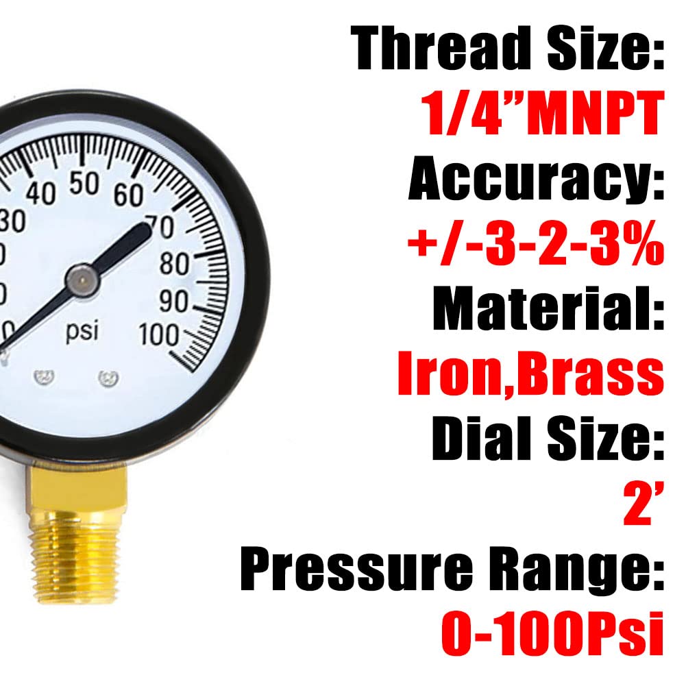1/4" NPT 100Psi Steel Economical All Purpose Pressure Gauge with Brass Internals 2" Dial Display Bottom Mount