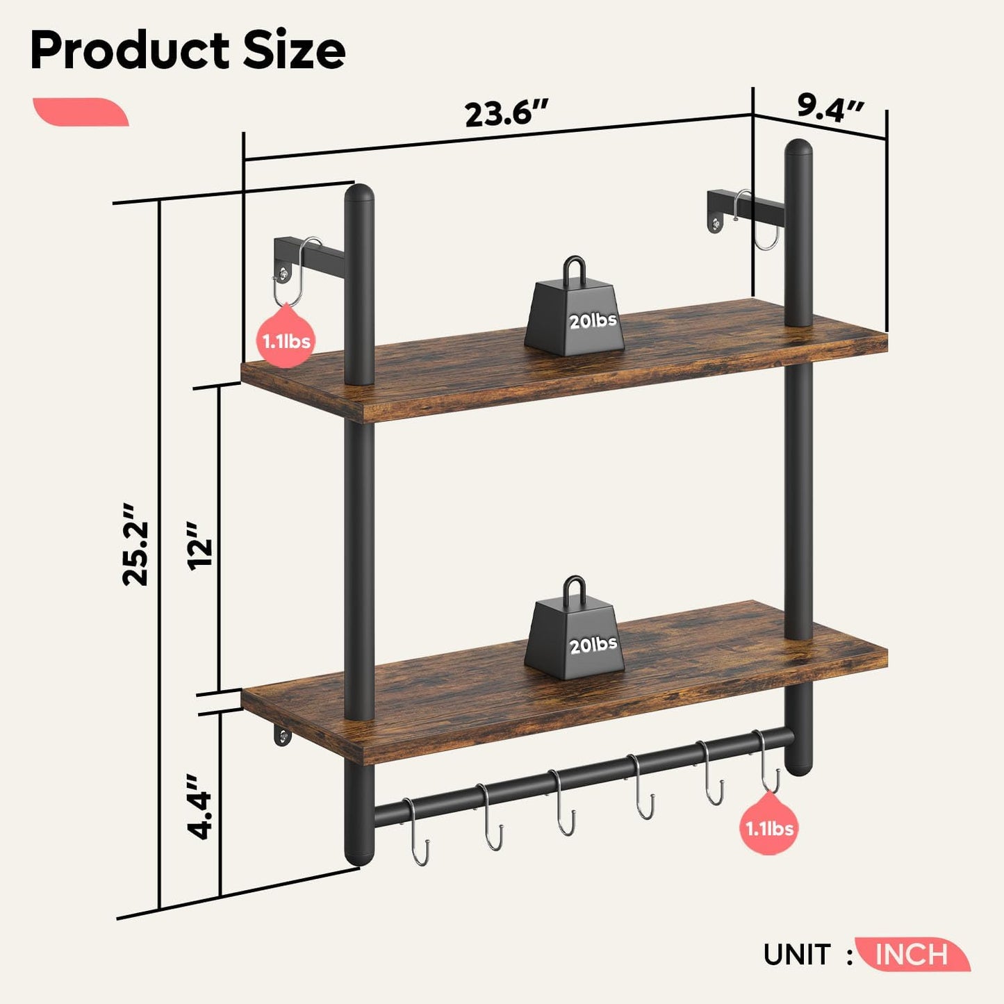 Bestier 24" Floating Kitchen Shelves Wall Mounted 2 Tier Coffee bar Shelves with 8 Hooks, Industrial Wall Shelf for Kitchen, Living Room Bedroom, Rustic Brown
