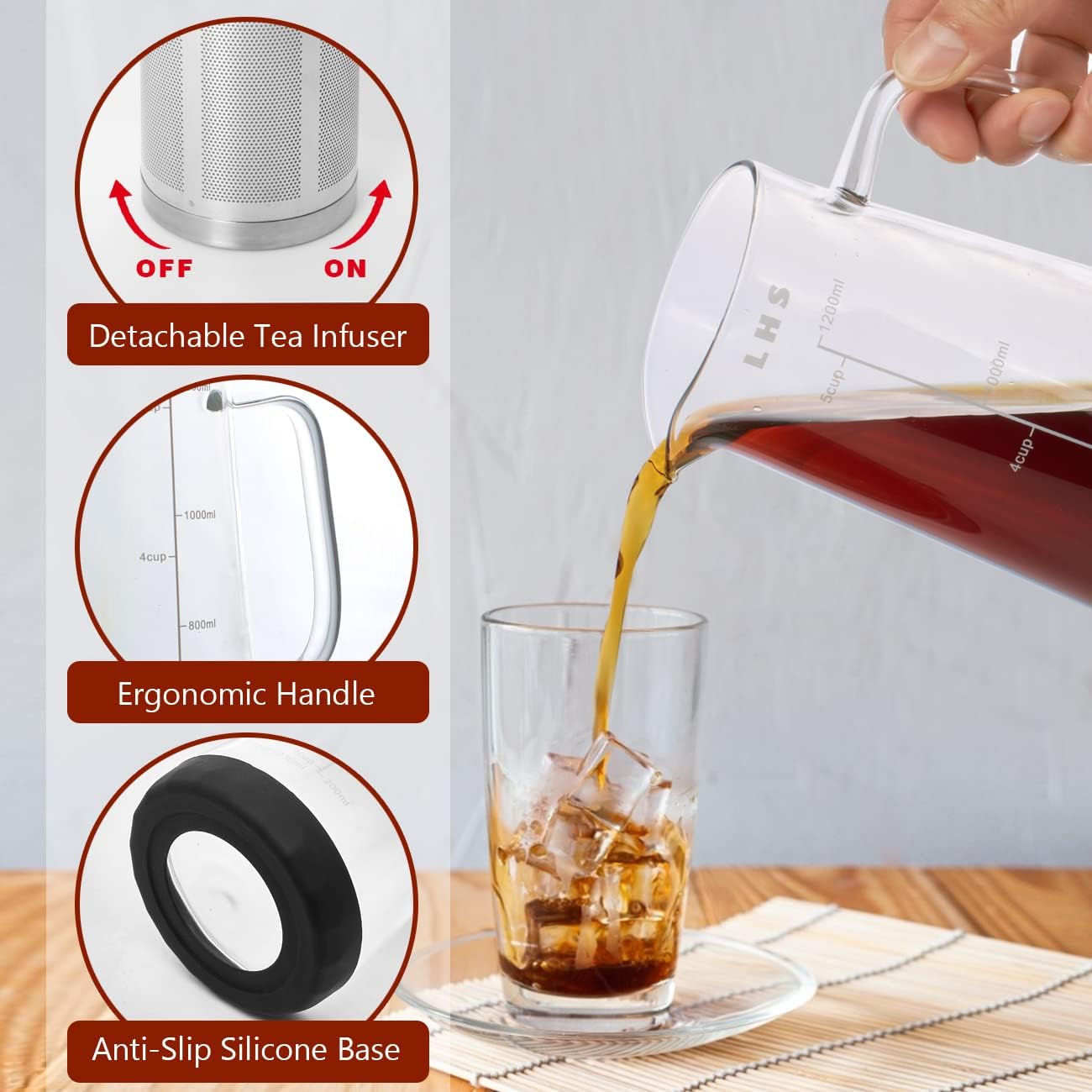 LHS Cold Brew Coffee Maker 2 in 1 Iced Coffee Maker, Glass Pitcher with Lid- 1.2Liter / 40oz, Stainless Steel Filter Removable and BPA-Free Glass Carafe for Iced Coffee, Cold Brew Tea, Juice