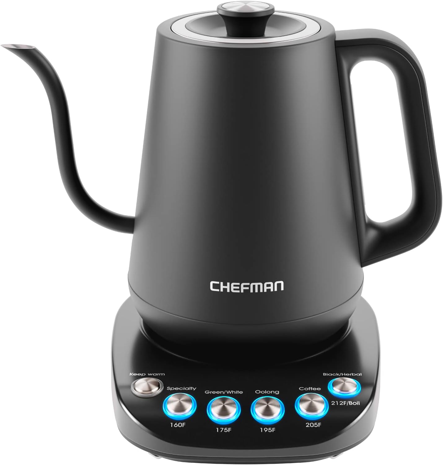 Chefman TrueTemp Precision Control Gooseneck Kettle, Internal Custom Temperature Control and 6 One-Touch Presets, Boil-Dry Protection Auto Shut-Off for Safety, For Pour Over Coffee and Tea, Black
