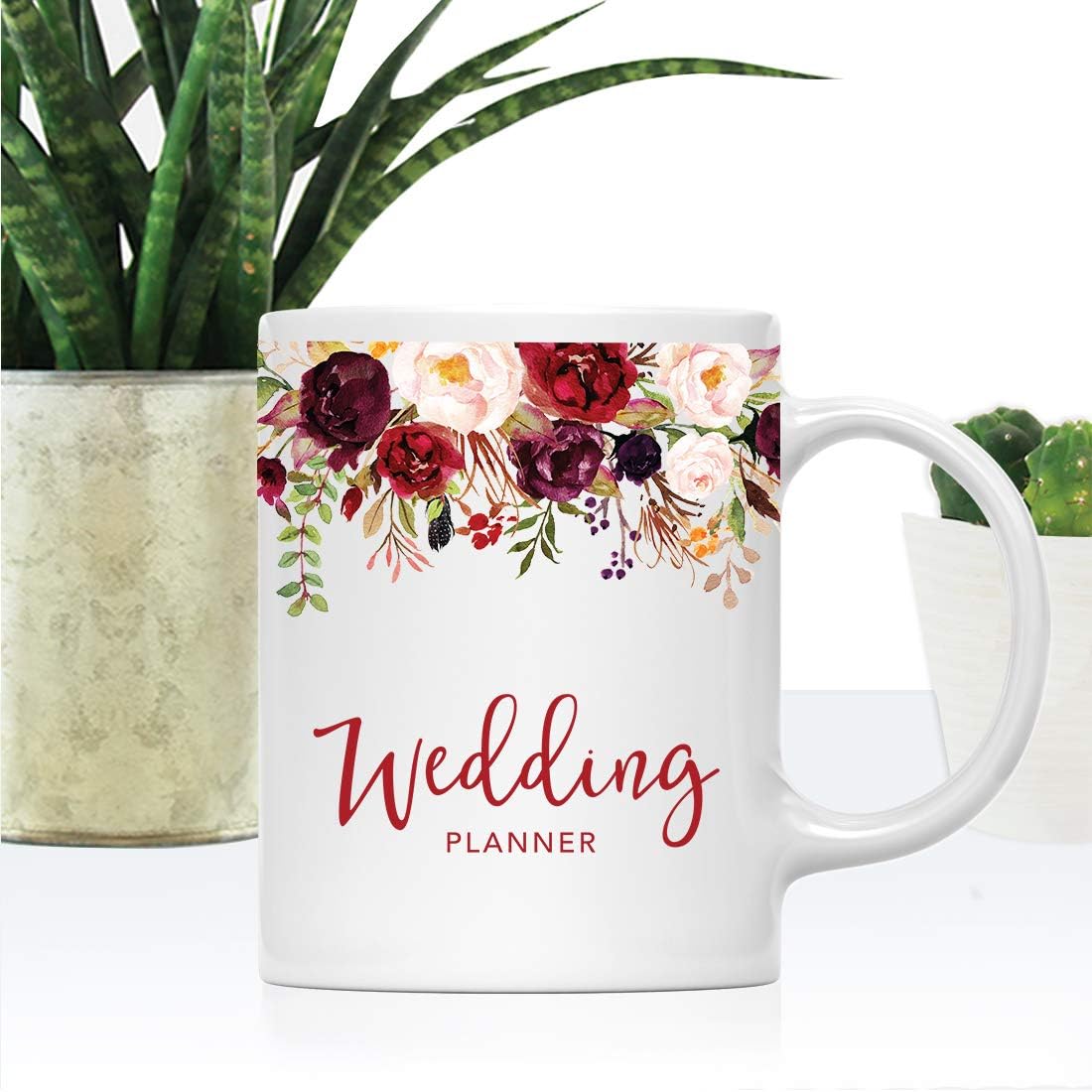 Andaz Press 11oz. Wedding Ceramic Coffee Tea Mug Gift, Fall Autumn Marsala Burgundy Flowers Roses Florals, Wedding Planner, 1-Pack, Includes Gift Box
