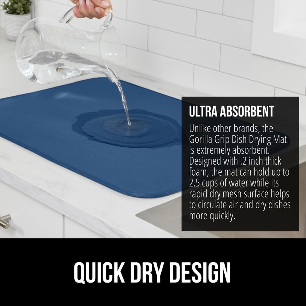 GORILLA GRIP Ultra Water Absorbent Microfiber Dish Drying Mat, 18x24, Quick Dry Thick Mesh, Slip Resistant Pad for Sink Dishes or Under Rack, Kitchen Counter Accessories, Machine Wash, Blue