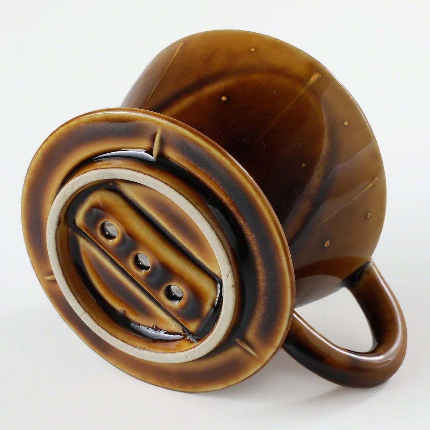 Asayu Japan Ceramic Coffee Pour Over Maker Set in Caramel, Slow Brewing Paper Filter Holder and Dripper with 3 Holes for Coffee and Tea - Coffee Dripper Cone