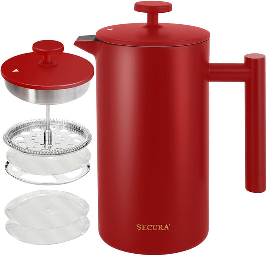 Secura French Press Coffee Maker, Double-Wall 304 Grade Stainless Steel Coffee Press with 2 Extra Screens, 34oz (1L), Red