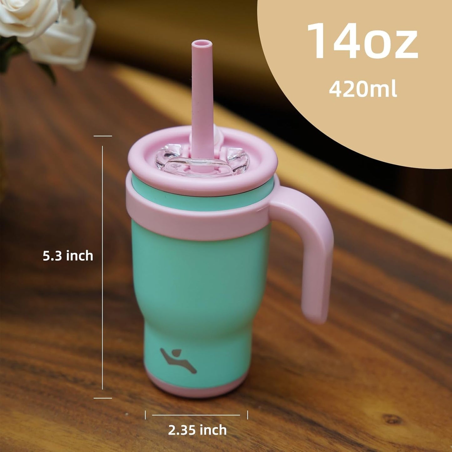 14 oz Tumbler with Side Handle, Insulated Water Bottle with Straw and 2 in 1 Lid, Stainless Steel Cup Travel Coffee Mug for Sports Office Gym,Guava